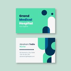 a green and blue business card with an abstract design on the front, side and back