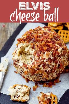 the cheese ball is loaded with bacon and pretzels