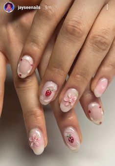 Cute Nails On Natural Nails, Strawberry Jelly Nails, Strawberry Nails Designs, Strawberry Nails, Makeup Nails Designs, Girly Acrylic Nails, Simple Acrylic Nails, July Nails