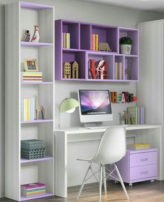 a white desk with purple shelves and a computer on it