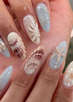 Beach themed nails from shein Seashell Nails, Sea Nails, Nagel Tips, Easy Nails, Summery Nails, Mermaid Nails, Vacation Nails, Nail Swag, Beach Nails