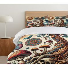 an image of a bedroom setting with mushrooms and flowers on the comforter bed cover