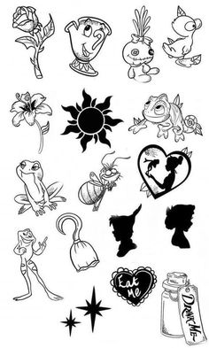 some cartoon characters are drawn in the style of black and white ink, with different shapes