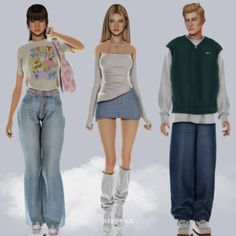 three people are standing in the clouds with their hands on their hipss and one is wearing high heeled boots