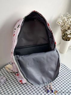 BirdinBag - Cherry Print Functional Backpack - Trendy Nylon Flap Style for Work, School, and Travel School Shoulder Bag In Fabric, Fabric Shoulder Bag For School, School Bag With Large Capacity, Large Capacity Fabric Bag For School, Large Capacity Fabric School Bag, Casual Fabric School Bags, Fabric Backpack For Daily Use, Nylon Bag With Adjustable Strap For Study, Nylon Bags With Zipper Closure For Study