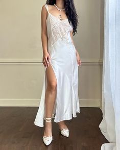 - Victoria's Secret ethereal satin maxi slip dress in pearl white featuring intricate lace embroidery bodice with knee split hem- vintage; adjustable straps; semi sheer lace- size M- lovely condition, slight fabric indentation (as shown in picture) but not noticeable unless closely inspected 🤍Model Measurements:- Bust: 34B- Waist: 26- Hip: 38- Height: 5"4 🤍 Size of mannequin: size 2 - 4 Maxi Slip Dress, Satin Maxi, Lace Embroidery, Split Hem, Sheer Lace, Dress Clothes For Women, Pearl White, White Vintage, Bodice