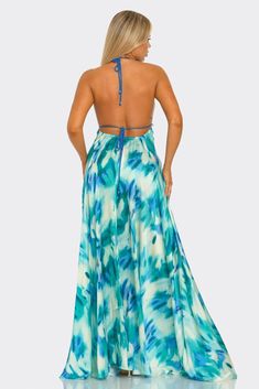 Blue Halter Neck Dress For Beach Cover-up, Light Blue Maxi Dress For Beach Cover-up, Blue Long Dress For Spring, Green Backless Dress For Casual Wear, Backless Lined Dress For Vacation, Blue Halter Neck Maxi Dress With Tie Back, Blue Fitted Dress For Vacation, Blue Spring Beachwear Maxi Dress, Blue Backless Maxi Dress With Tie Back