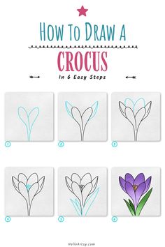 6 steps demonstrating how to draw a how to draw a crocus for kids. Plant Drawing Step By Step, Spring Drawing For Kids, Crocus Flower Drawing, Crocus Drawing, Spring Drawing Easy, Simple Flower Drawing, Quick Painting, Spring Drawing, Easy Flower Drawings