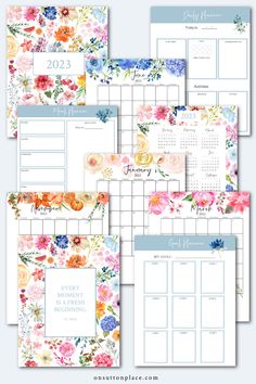 the printable floral planner pages are shown in four different colors and sizes, with flowers on