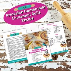 the homemade cinnamon rolls recipe is shown on top of a wooden table