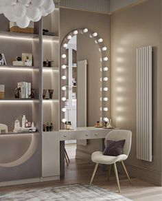 a white chair sitting in front of a mirror on top of a wall next to a desk