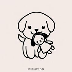 a black and white drawing of a dog holding a stuffed animal