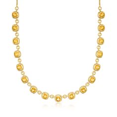 Ross-Simons - 12.00 ct. t. w. Citrine Necklace in 18kt Gold Over Sterling. 18". Bright and sunny citrine is bursting with fresh color and sparkle in this 18kt yellow gold over sterling silver necklace. Featuring 12.00 ct. t. w. round citrines presented in roped square stations for a refined look that dazzles. Stationed on a wheat chain with a 2" extender. Lobster clasp, citrine necklace. Citrine birthstones are the perfect gift for November birthdays. Citrine Birthstone, Dream List, Citrine Necklace, Fresh Color, Tourmaline Necklace, Colored Gems, Fine Jewellery Necklace, Sterling Silver Necklace, Sterling Silver Necklaces