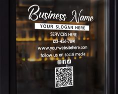 a business sign on the glass door of a restaurant with qr code printed on it