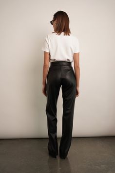 A timeless staple for your wardrobe: this sleek set of vegan leather pants and matching black sweater. The straight leg fit of the pants offers a flattering silhouette, while the soft, lightweight material ensures a comfortable fit. Style together for a timeless look that'll take you from day to night. Model is wearing XS XS:Waist 68cm Hip 92cm / 36.25inRise 27.5cm / 10.75inInseam 85.5cm / 33.75in S:Waist 72cm Hip 96cm / 37.75inRise 28cm / 11inInseam 86cm / 33.75in M:Waist 78cmHip 100cm / 39.25i Vegan Leather Pants, Black Leather Pants, Leather Pant, Leather Trousers, Day To Night, To Night, Black Sweater, Lifestyle Shop, Fit Style