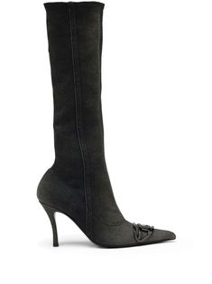 black stretch-cotton denim knee-high side zip fastening pointed toe Oval D plaque at front high stiletto heel Denim Knee High Boots, Black Stretch, Boots Black, Stiletto Heel, Boot Shoes Women, Stretch Jeans, High Boots, Knee High Boots, Stretch Cotton