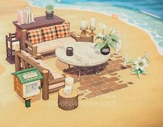 a painting of a living room on the beach with furniture and flowers in it's centerpiece