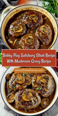 two pans filled with meat and mushroom gravy