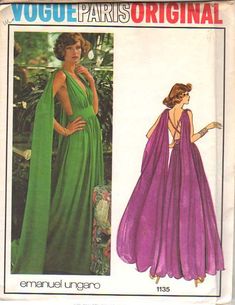 a woman in a purple dress and green cape with the words, voge pars original