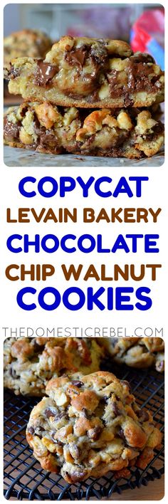 chocolate chip walnut cookies with text that reads copycat leviin bakery chocolate chip walnut cookies