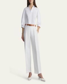 Lafayette 148 New York blouse in cotton with pleated sleeve details    Approx. 25"L from shoulders to hem    Spread collar; concealed button front    3/4 blouson sleeves    Button cuffs    Shirttail hem    Slim fit    Cotton    Imported White 3/4 Sleeve Blouse For Work, Elegant 3/4 Sleeve Workwear Blouse, Elegant 3/4 Sleeve Blouse For Work, Spring Workwear Blouse With Concealed Placket, Workwear Blouse With Pleated Sleeves And Relaxed Fit, Pleated Sleeves Blouse For Workwear In Relaxed Fit, Cotton Tops With Set-in Sleeves For Work, Timeless Spring Workwear Blouse, 3/4 Sleeve Relaxed Fit Blouse For Work