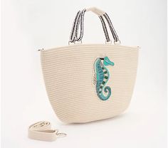 America & Beyond Embellished Jute Tote w/ Crossbody Strap - QVC.com White Embellished Bags For Summer, Cream Beaded Bag For Summer, Embellished Travel Bags For Summer, Beaded Beach Bags For Beach Season, White Embellished Summer Bags, Summer White Embellished Bags, Beaded Cream Bag For The Beach, Summer Beaded Rectangular Beach Bag, Bohemian Beaded Beach Bag For Summer