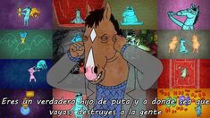 a cartoon horse is brushing its teeth in front of many different colored pictures and words