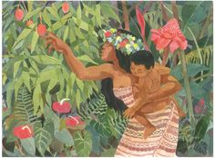 a painting of a woman holding a child in her arms surrounded by tropical plants and flowers