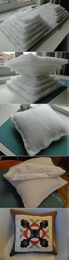 four different pictures show the process of making pillows