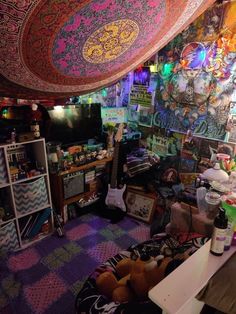 a room filled with lots of colorful items and decorations on the walls, including a guitar