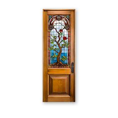 a wooden door with stained glass and a tree on the front panel, against a white background