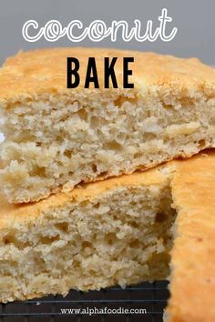 two pieces of coconut cake sitting on top of a cooling rack with text overlay