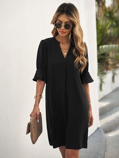 Black Casual  Half Sleeve Polyester Plain Tunic Embellished Non-Stretch Summer Women Dresses Long Sleeve Denim Jacket, Long Sleeve Workout, Shift Dresses, Solid Color Dress, Long Sleeve Knit Sweaters, Ținută Casual, Shift Dress Black, Solid Color Shirt, Flounce Sleeve