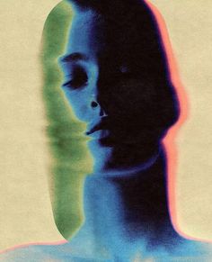 a woman's face is shown in the middle of an image with blue and green colors