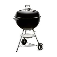 a black bbq grill with wheels on it's side and the lid open