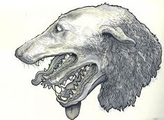 a drawing of a dog's head with its mouth open and teeth wide open