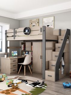 This modern children's bedroom furniture set features a bunk bed and an adjustable desk crafted from solid wood. It provides the perfect combination of functional design and elegant style, creating a timeless addition to any child's room. Specifications With Storage Space: With Two Or More Drawers With Safety Boards: Yes Type: Bed Style: Minimalist Modern Size: 120/150cm Pattern: pure color Material: Wood Finishes Material: Wood Veneer Skin Kids Bunk Bedroom, Bunk Beds Bedroom, Bunk Bedroom, Bedroom Set Designs, Loft Style Bedroom, Bunk Bed With Desk, Childrens Bedroom Furniture, Modern Kids Bedroom, Bunk Beds With Storage