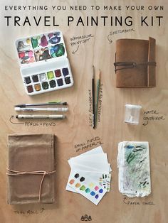 the contents of a travel painting kit laid out on a table