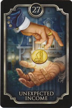 a hand holding a gold coin with the words unexpected income on it, and an image of