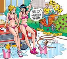 two women in bathing suits sitting on top of a red car with the words blow out