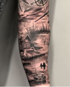 a man's arm with an image of a cabin and boat on the water