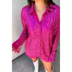 Sparkle On Sequin Mesh Button Down Top in Hot Pink Our Sparkle On Sheer Sequin Mesh Top is an add to cart must have for its versatility and elevating appeal! Style this cutie over a cami, your fav denim, and heels for a sparkly date night fit! Lined with mesh for extra comfort Oversized fit Size up for a dress look! Shorts NOT included Top Bust Measurements: S - 48" M - 49" L - 50" Top Length (shoulder to hem): S - 27" M - 27 1/2" L - 28" Shop all your favs + all the new at shoppoppyandseed.com Party Tops With Button Closure For Fall, Fitted Sequin Button-up Top, Pink Button-up Blouse For Party, Sequin Button-up Tops For Night Out, Sequin Button-up Blouse For Night Out, Casual Party Tops With Buttons, Spring Party Button-up Tops, Trendy Button-up Blouse For Party, Pink Sequined Blouse For Fall