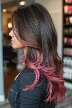 Woman with long brown hair featuring pink highlights, photographed in a salon. Rose Gold Balayage Brunettes, Dark Ombre Hair, Gold Balayage, Rose Gold Balayage