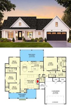 two story house plans with garage and living room on the first floor, along with an attached