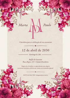 a wedding card with pink flowers on it