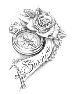 a rose with a compass and the word survive on it is shown in this tattoo design