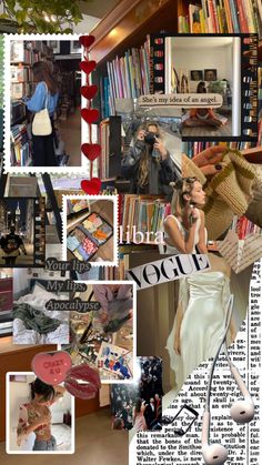 a collage of photos with people and books in the background, including an open bookcase