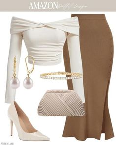 #fashion Concert Outfit Elegant, Nice Simple Outfits, Elegant Mom Outfits Classy, Amazon Classy Outfits, Business Outfits For Women Skirt, Formal Skirts Outfit, Brown And Gold Outfits For Black Women, Classic Elegance Outfits, Brown And White Outfit Classy