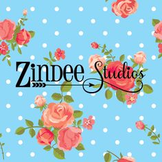 a blue background with pink flowers and the words zinnbee studios