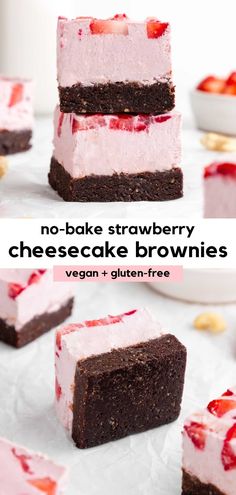 no - bake strawberry cheesecake brownies vegan + gluten free